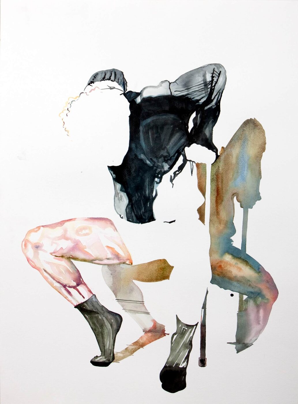 Wouter van de Koot, The Good Life V &mdash; Watercolor of a crouching figure painted only in fragments: a dark hooded torso, one leg in pink and ochre, heavy boots, a thin crutch and its washy shadow, with the head and the rest of the body left as blank white paper.