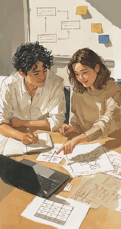 Two researchers work through notes, diagrams, and coded data spread across a table.