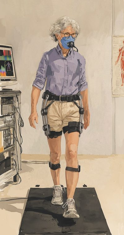 An older woman walks on a treadmill in a hip exoskeleton while its assistance is tuned.
