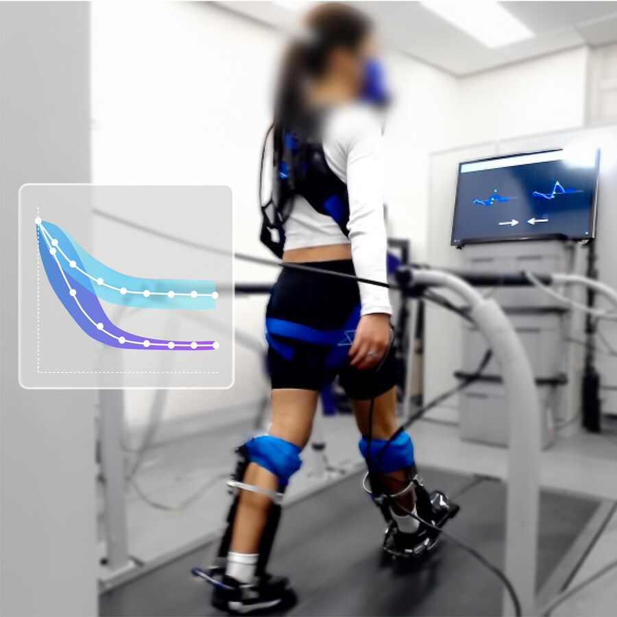 Person walking on a treadmill with ankle exoskeletons while a monitor provides real-time visual biofeedback about their movement.