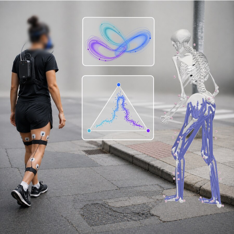 Person walking on a city street wearing wearable motion and muscle sensors, beside a musculoskeletal model in the same posture and inset plots of movement dynamics and shifting control priorities.